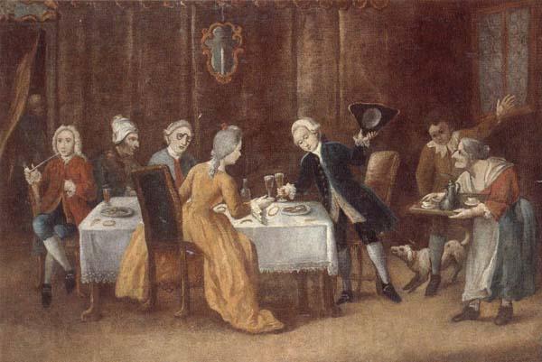 unknow artist An elegant interior with a lady and gentleman toasting,other figures drinking and smoking at the table Spain oil painting art